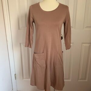 Isaac Mizrahi Live Shift Dress Beige Knit Pima Cotton XXS 3/4 Sleeve Pockets
